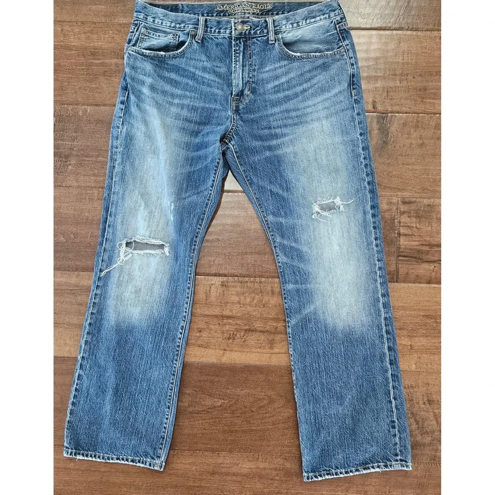 Distressed American Eagle Mens Skater Boot Jeans 36x32 Blue Distressed Bootcut